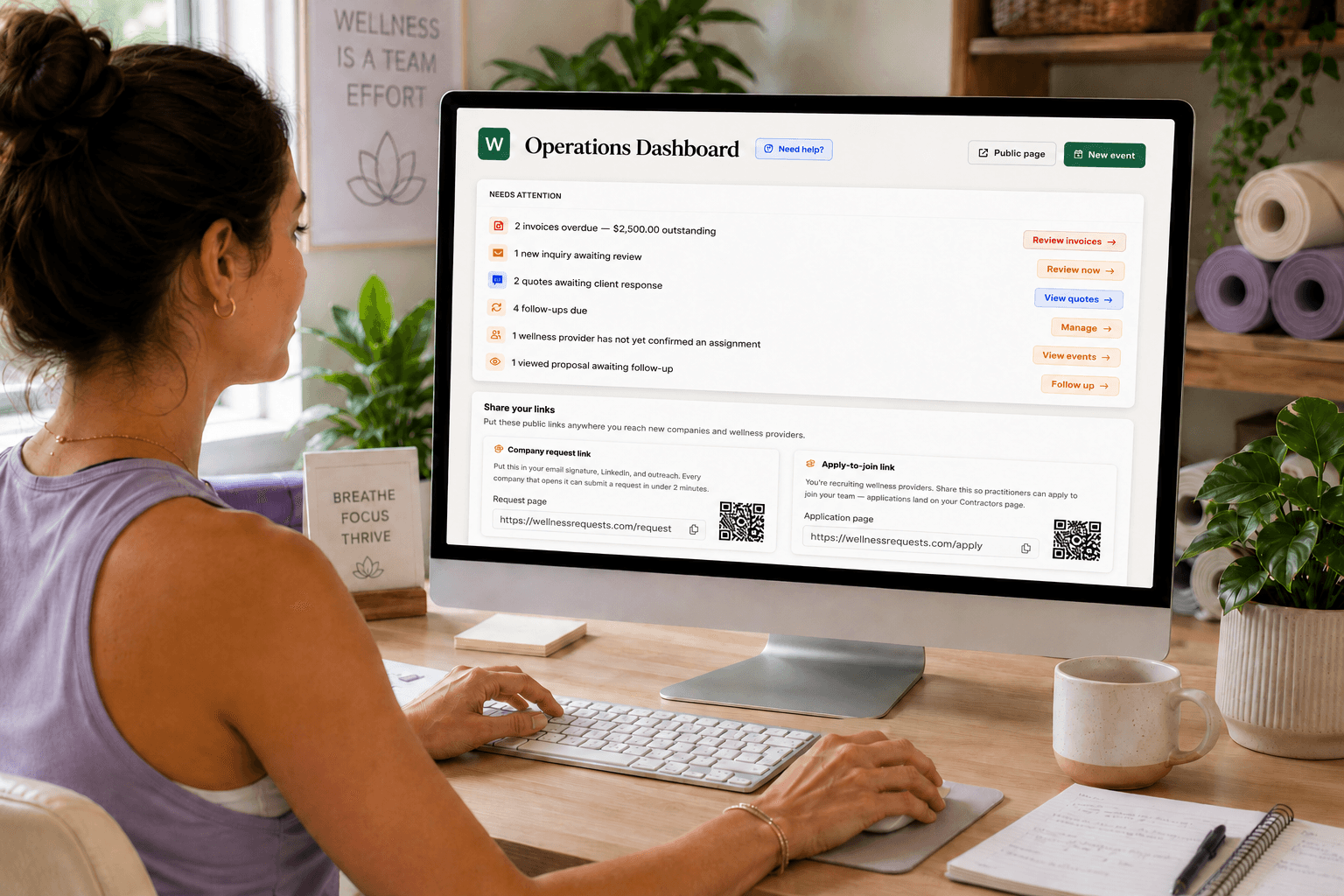Wellness provider managing corporate requests, quotes and events from the WellOps operations dashboard